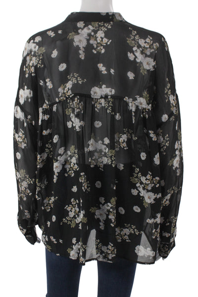 Vince Womens Tunic Blouse Black Floral Silk Long Sleeve Size S