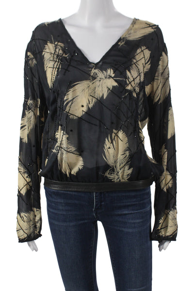 Anthony Franco Womens Silk Black VNeck Long Sleeve Bird Blouse Hook & Eye Size 6