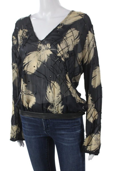 Anthony Franco Womens Silk Black VNeck Long Sleeve Bird Blouse Hook & Eye Size 6