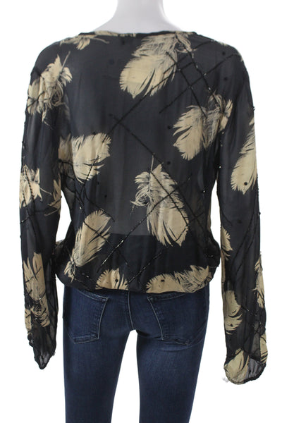 Anthony Franco Womens Silk Black VNeck Long Sleeve Bird Blouse Hook & Eye Size 6
