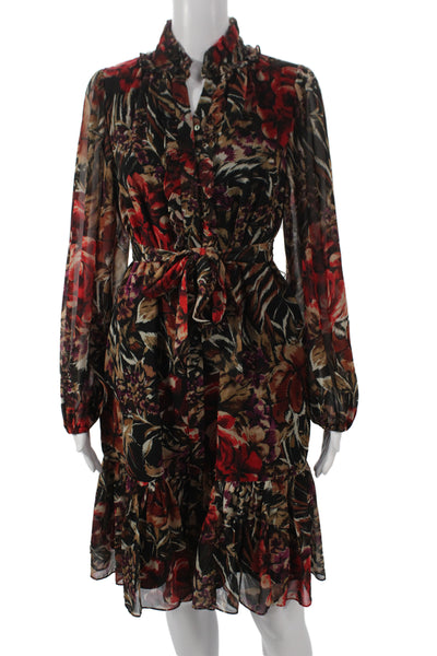 Kobi Halperin Women Black Floral Shirt Dress Long Sleeve High Neck Size S