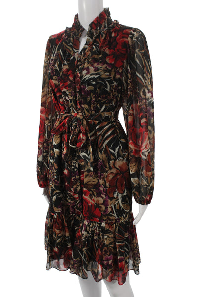 Kobi Halperin Women Black Floral Shirt Dress Long Sleeve High Neck Size S