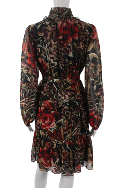Kobi Halperin Women Black Floral Shirt Dress Long Sleeve High Neck Size S