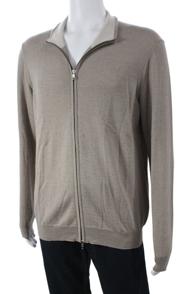 Heritage Mens Full Zip Lana Wool Collared Sweater Beige Long Sleeve Size XL