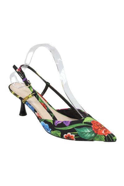 Nine West Womens Cone Heel Pointed Toe Floral Slingback Pumps Black Green Size 7