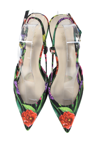 Nine West Womens Cone Heel Pointed Toe Floral Slingback Pumps Black Green Size 7