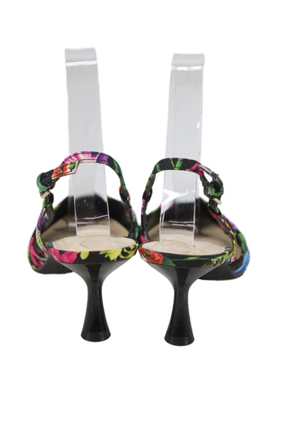 Nine West Womens Cone Heel Pointed Toe Floral Slingback Pumps Black Green Size 7