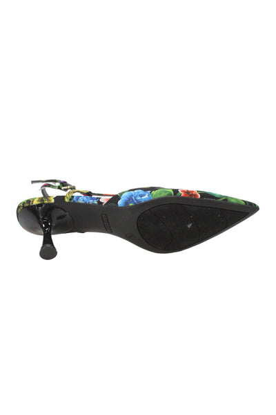Nine West Womens Cone Heel Pointed Toe Floral Slingback Pumps Black Green Size 7