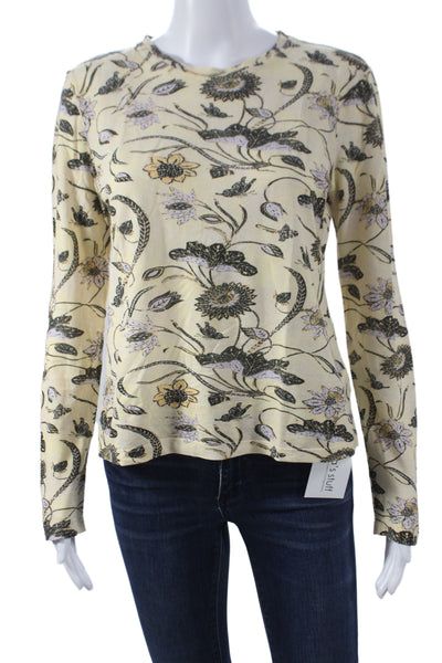 Ulla Johnson Women Beige Floral Cotton Crew Neck Long Sleeve T-Shirt Size S