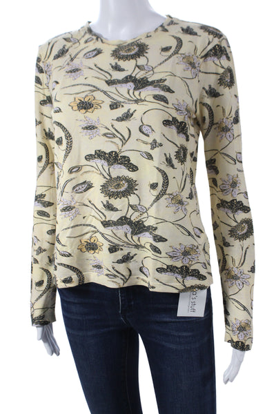 Ulla Johnson Women Beige Floral Cotton Crew Neck Long Sleeve T-Shirt Size S