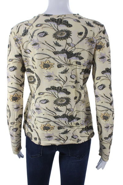 Ulla Johnson Women Beige Floral Cotton Crew Neck Long Sleeve T-Shirt Size S