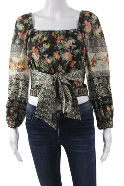 Alice + Olivia Women Black Cropped Floral Blouse 3/4 Sleeve Square Neck Size XS