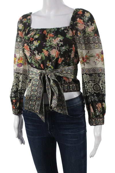Alice + Olivia Women Black Cropped Floral Blouse 3/4 Sleeve Square Neck Size XS