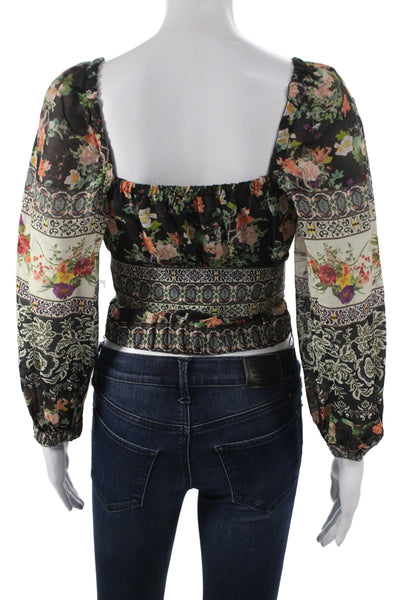 Alice + Olivia Women Black Cropped Floral Blouse 3/4 Sleeve Square Neck Size XS