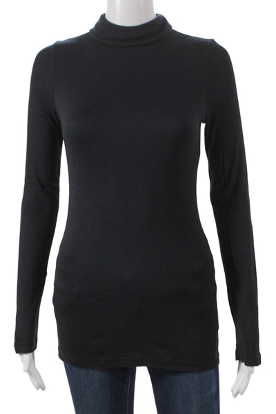 Splendid Women Basic Black Mock Neck Long Sleeve Top Pima Modal Size M