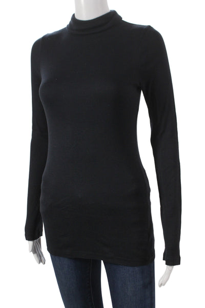 Splendid Women Basic Black Mock Neck Long Sleeve Top Pima Modal Size M