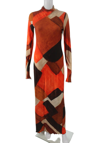 Zara Women Maxi Dress Orange Long Sleeve Mock Neck Geometric Polyester Size M