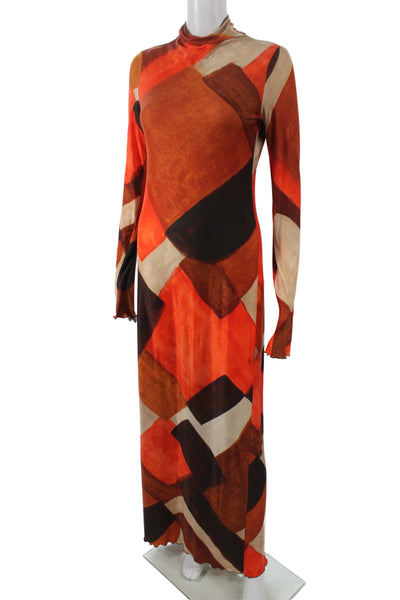 Zara Women Maxi Dress Orange Long Sleeve Mock Neck Geometric Polyester Size M