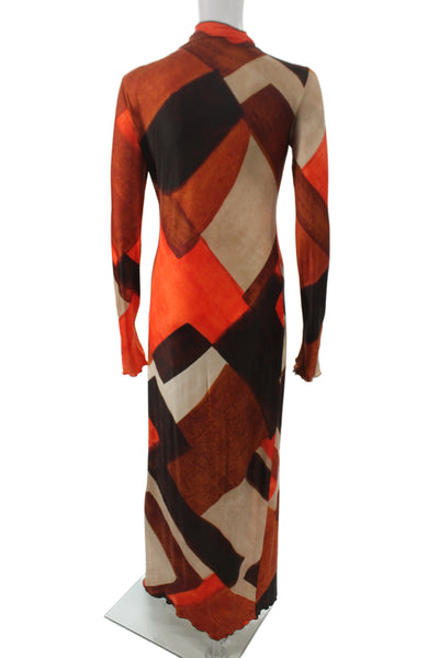 Zara Women Maxi Dress Orange Long Sleeve Mock Neck Geometric Polyester Size M