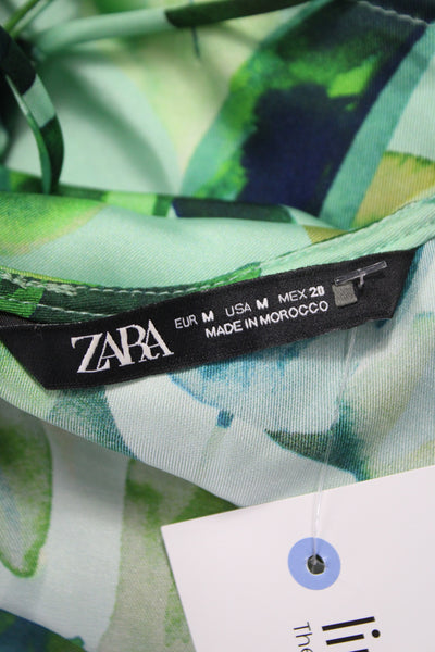 Zara Women Maxi Slip Dress Green Floral Sleeveless Polyester Mid Calf Size M