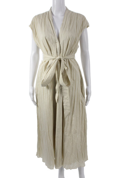 Zara Womens Kaftan Maxi Dress Beige V Neck Cotton Short Sleeve Size M