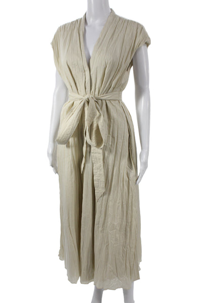 Zara Womens Kaftan Maxi Dress Beige V Neck Cotton Short Sleeve Size M