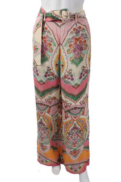 Zara Womens Paperbag Pants Beige Paisley Viscose Buckle Inseam 28 Size M