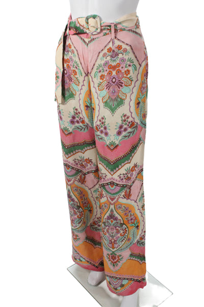 Zara Womens Paperbag Pants Beige Paisley Viscose Buckle Inseam 28 Size M