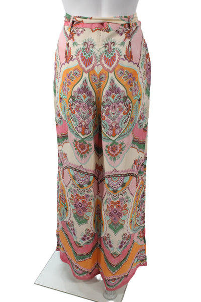 Zara Womens Paperbag Pants Beige Paisley Viscose Buckle Inseam 28 Size M