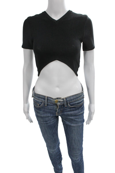Opening Ceremony Women Cropped V-Neck Black Short Sleeve T-Shirt Size S