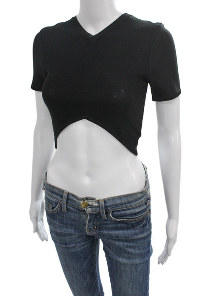 Opening Ceremony Women Cropped V-Neck Black Short Sleeve T-Shirt Size S