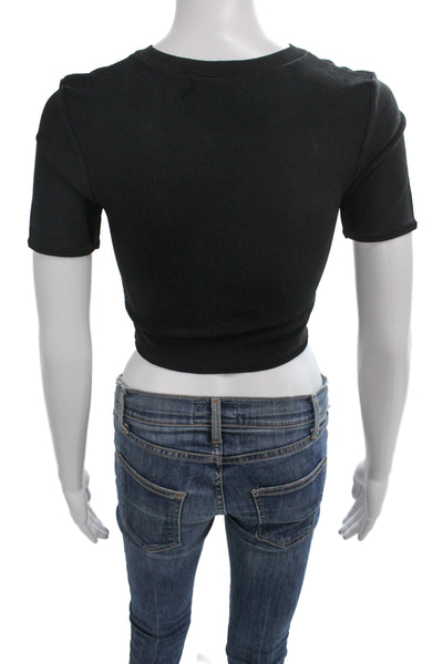 Opening Ceremony Women Cropped V-Neck Black Short Sleeve T-Shirt Size S