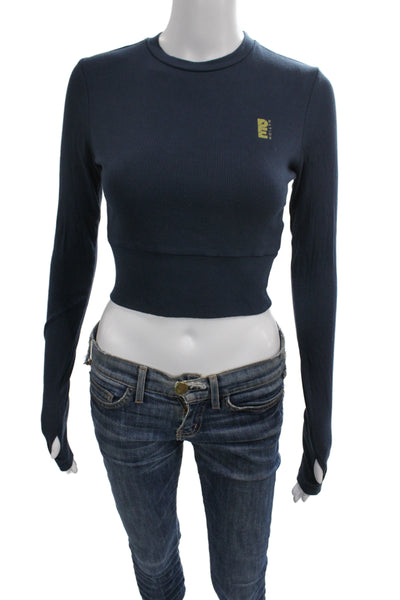 PE Nation Womens Cropped Graphic Rayon Top Dark Blue Long Sleeve Crew Size S