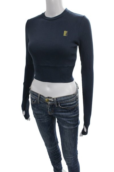 PE Nation Womens Cropped Graphic Rayon Top Dark Blue Long Sleeve Crew Size S