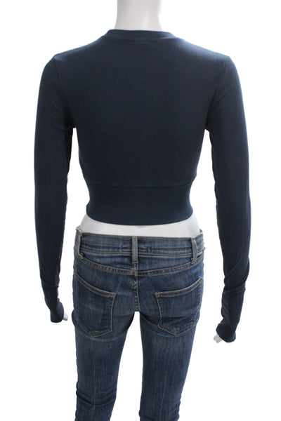 PE Nation Womens Cropped Graphic Rayon Top Dark Blue Long Sleeve Crew Size S