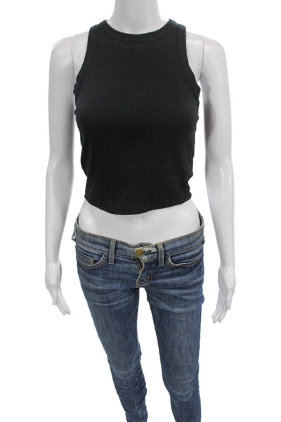 Open Edit Womens Cropped Basic Tank Black Sleeveless Crew Neck Size S