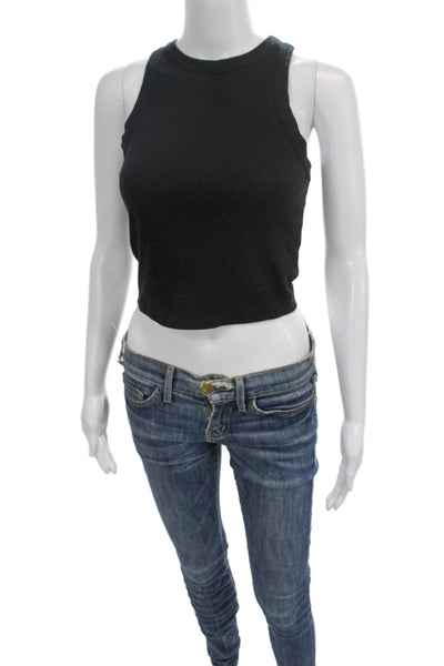 Open Edit Womens Cropped Basic Tank Black Sleeveless Crew Neck Size S