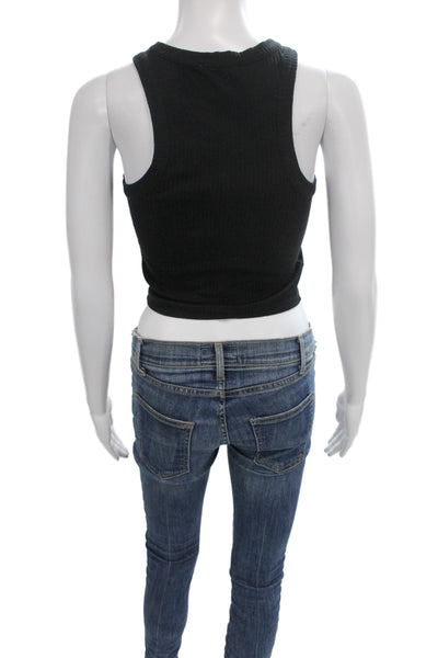Open Edit Womens Cropped Basic Tank Black Sleeveless Crew Neck Size S