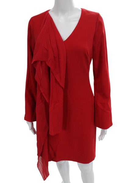 Etcetera Women Sheath Dress Red V-Neck Long Sleeve Knee Length Zip Size 2