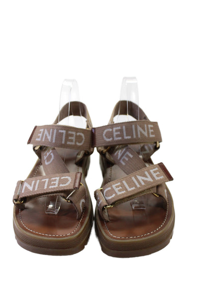 Celine Womens Leo Strappy Logo Strap Chunky Rubber Sandals Shoes Brown Size 8