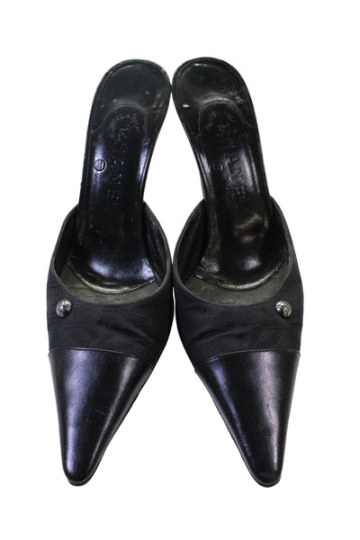 Chanel Womens Leather Pointed-Toe Slip-On Heeled Mules Black Size 9