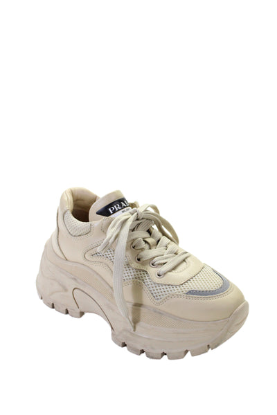 Prada Womens Solid Low Top Platform Sneakers Beige Size 35 5