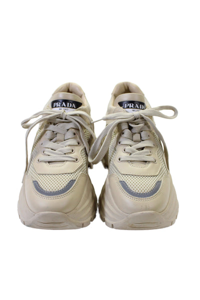 Prada Womens Solid Low Top Platform Sneakers Beige Size 35 5