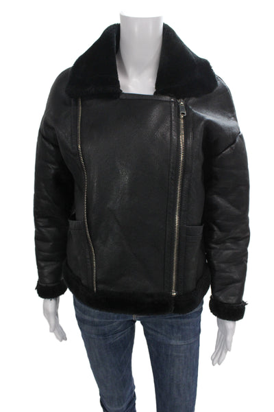 Raga Anthropologie Womens Biker Bomber Jacket Black Zip Collared Size S