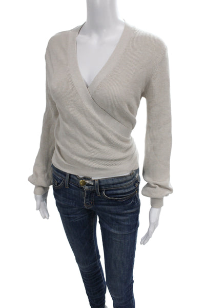 Le Ore Womens Beige V Neck Merino Blend Cardigan Button Long Sleeve Size S