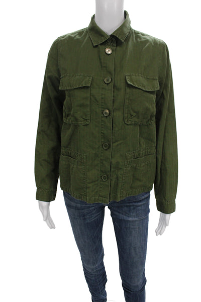 J Crew Women Military Jacket Green Linen Cotton Long Sleeve Size XS