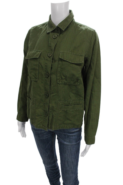 J Crew Women Military Jacket Green Linen Cotton Long Sleeve Size XS
