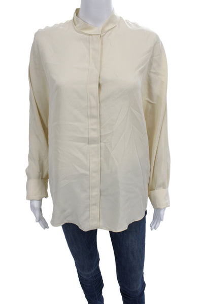 Zara Women Basic Silk Mock Neck Button Up Blouse Beige Long Sleeve Size L