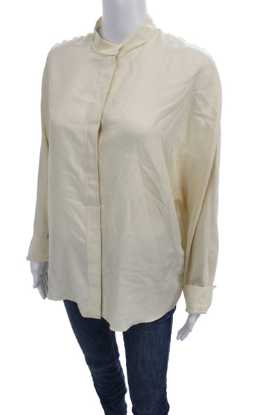 Zara Women Basic Silk Mock Neck Button Up Blouse Beige Long Sleeve Size L