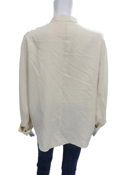 Zara Women Basic Silk Mock Neck Button Up Blouse Beige Long Sleeve Size L